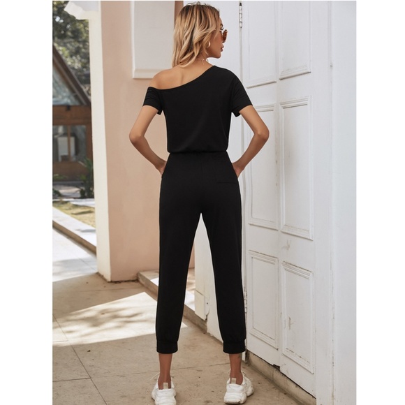 Contrast Tie Short Sleeve Black Jumpsuit - Picture 5 of 10